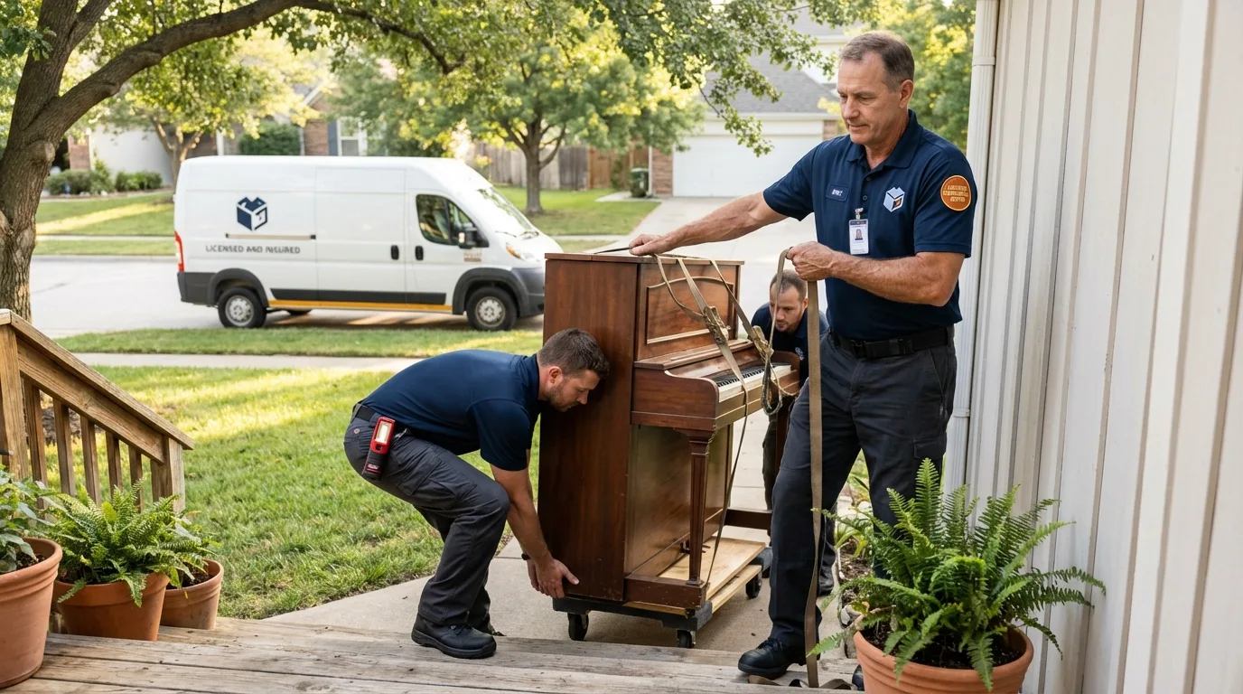 Licensed piano movers securing grand piano in Seneca, PA