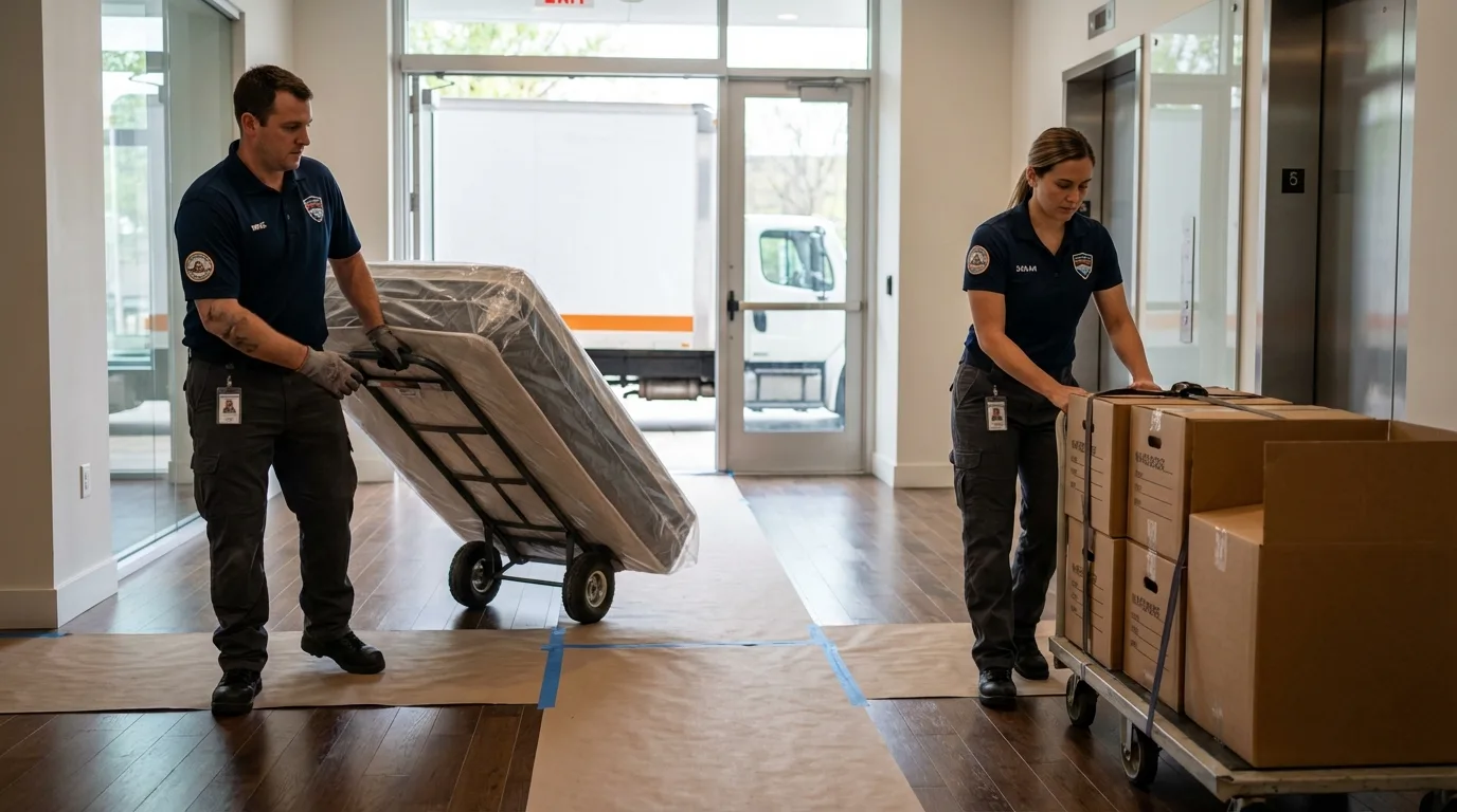 Professional apartment movers loading elevator in Seneca, PA